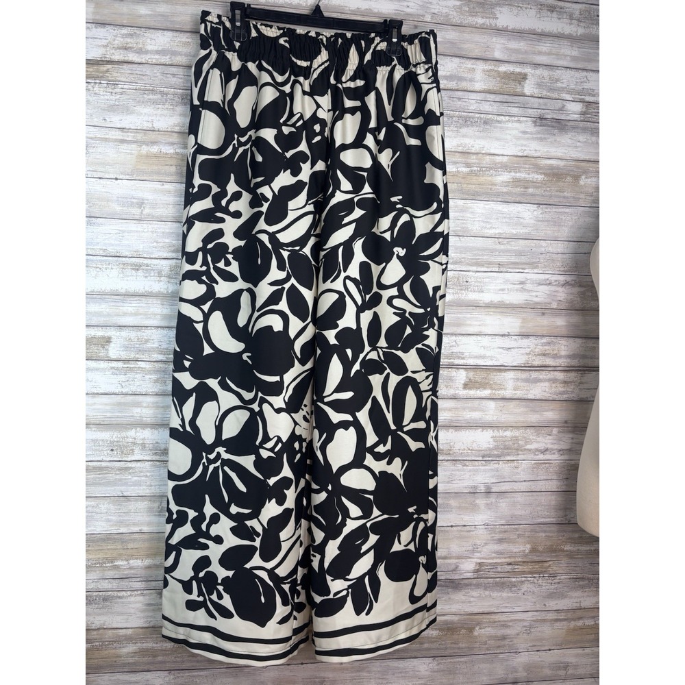 Rachel Zoe Black And Cream Wide Leg Floral Pants Size Large